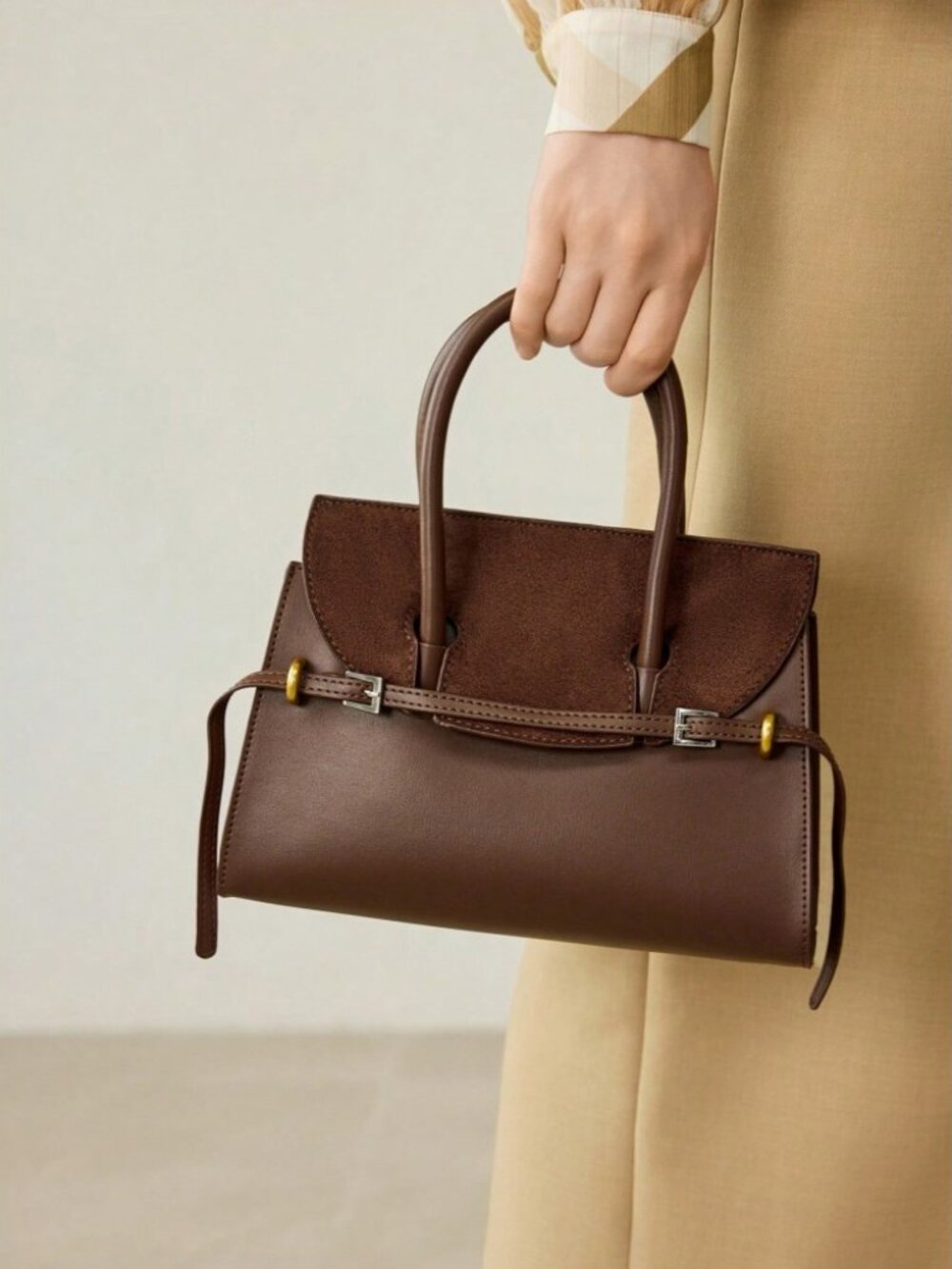 Brown Faux Suede Flap Top Vegan Leather Handle Bag with Buckle Strap Trim